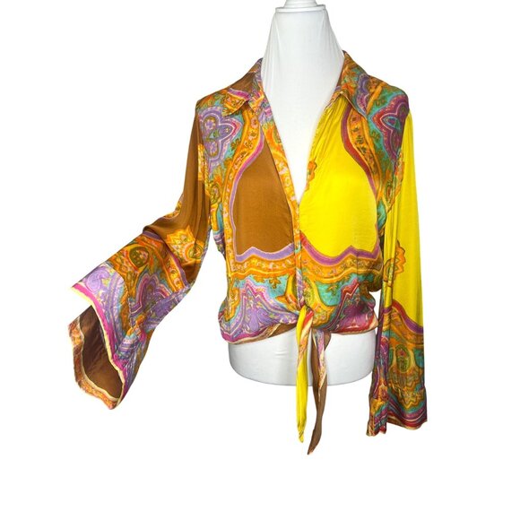 Zara Blouse Multicolored Tie Front Retro Vibes Size Large - Picture 1 of 8
